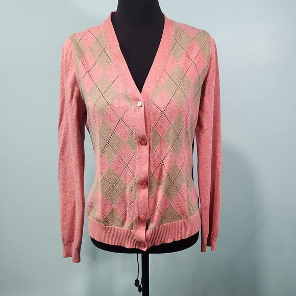 Cherokee Medium Argyle Cardigan Sweater Long Sleeve Diamond Pattern - Picture 1 of 7